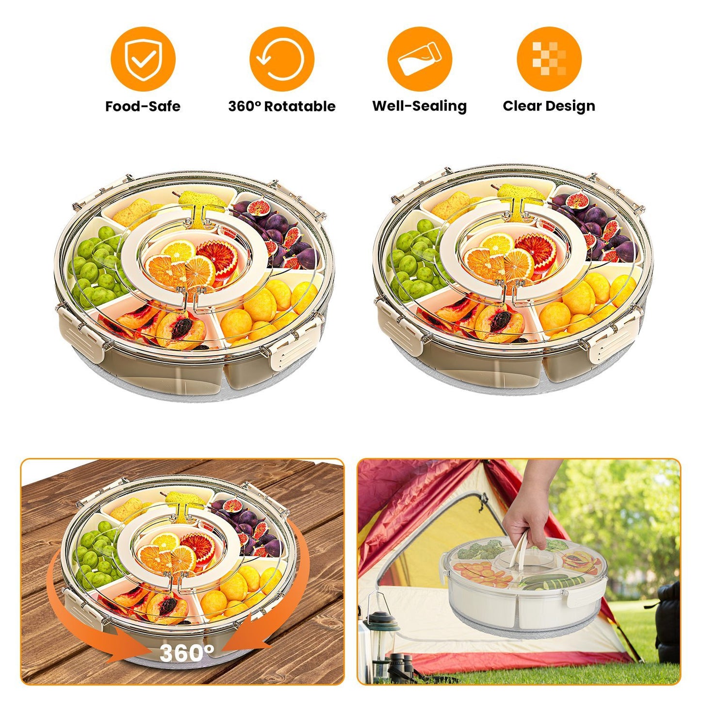 2Pcs Rotatable Snack Tray with Lid & Handle – 6-Compartment Divided Serving Platter for Fruits, Nuts, Candy – Clear Portable Containers for Parties & Picnics