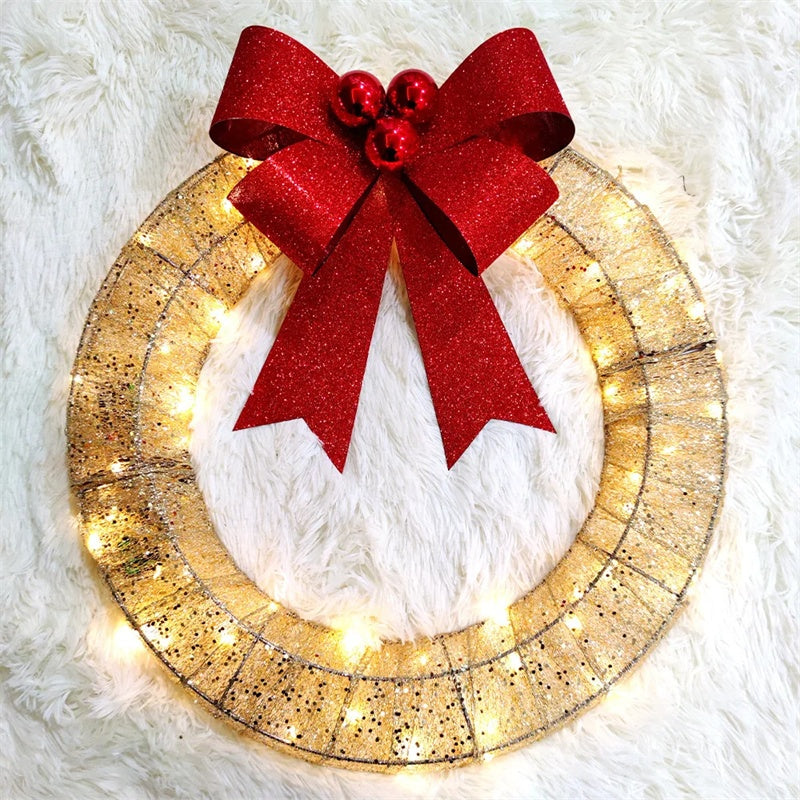 Christmas Garland 50CM – LED Luminous Metal Wreath with Big Bowknot
