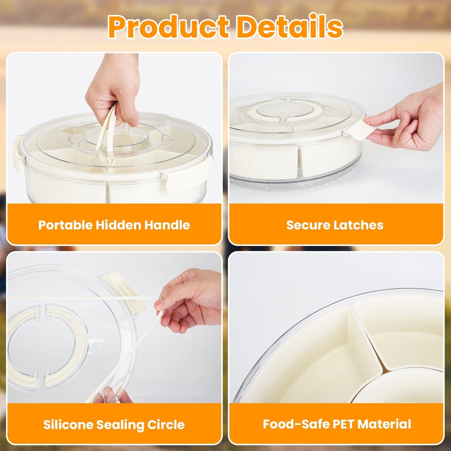 2Pcs Rotatable Snack Tray with Lid & Handle – 6-Compartment Divided Serving Platter for Fruits, Nuts, Candy – Clear Portable Containers for Parties & Picnics