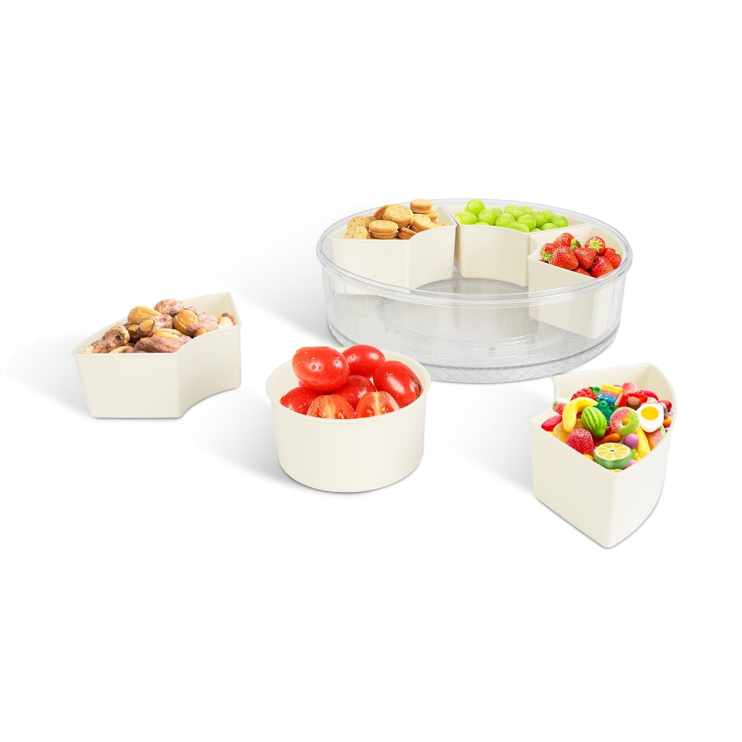 2Pcs Rotatable Snack Tray with Lid & Handle – 6-Compartment Divided Serving Platter for Fruits, Nuts, Candy – Clear Portable Containers for Parties & Picnics