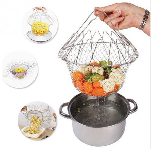 Stainless Steel Telescopic Folding Fry Basket — 20 cm Degreasing Kitchen Tool