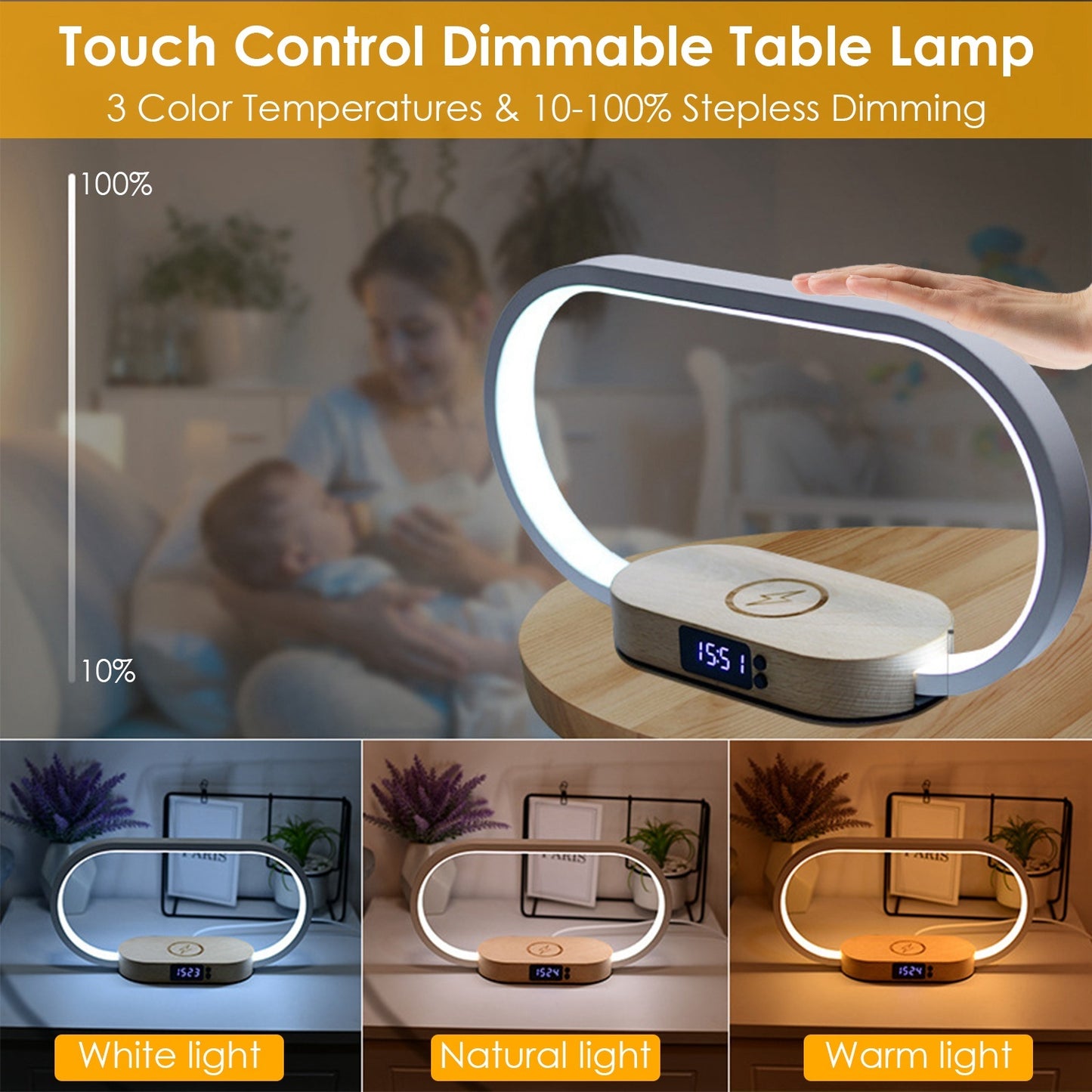 1 Set Bedside Table Lamp Touch Control Lamp With Clock Wireless Charging LED Desk Lamp Dimmable Nightstand Reading Lamp