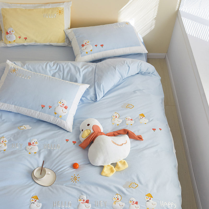 “Girl Heart” Pure Cotton Duvet Cover Set – Cute Duck Cartoon Bedding Collection