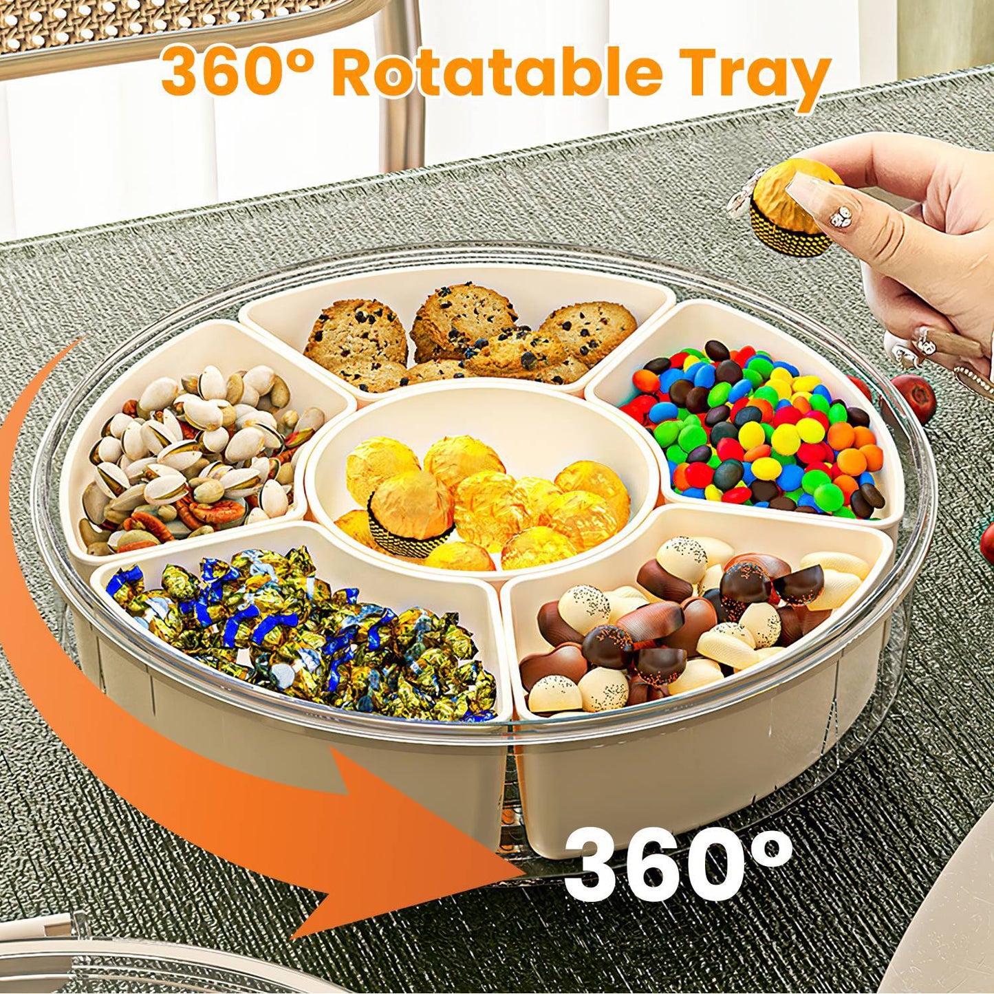 2Pcs Rotatable Snack Tray with Lid & Handle – 6-Compartment Divided Serving Platter for Fruits, Nuts, Candy – Clear Portable Containers for Parties & Picnics