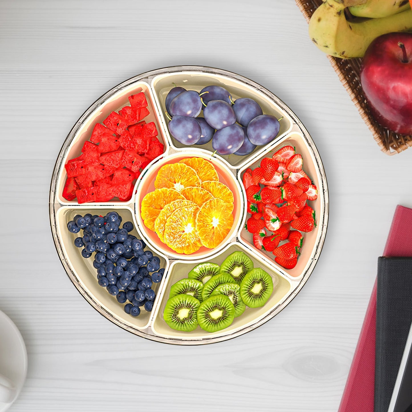 2Pcs Rotatable Snack Tray with Lid & Handle – 6-Compartment Divided Serving Platter for Fruits, Nuts, Candy – Clear Portable Containers for Parties & Picnics