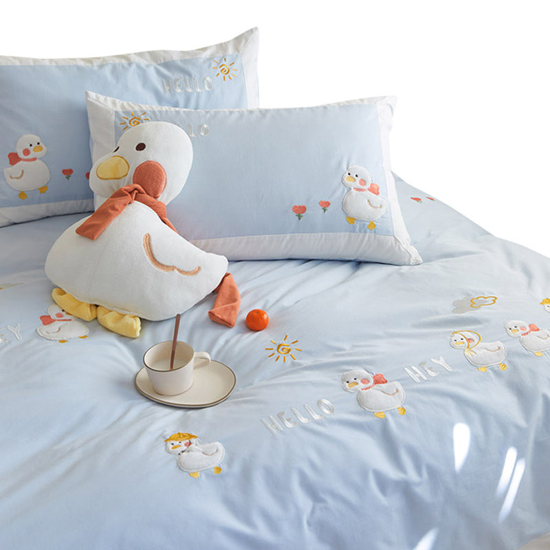 “Girl Heart” Pure Cotton Duvet Cover Set – Cute Duck Cartoon Bedding Collection