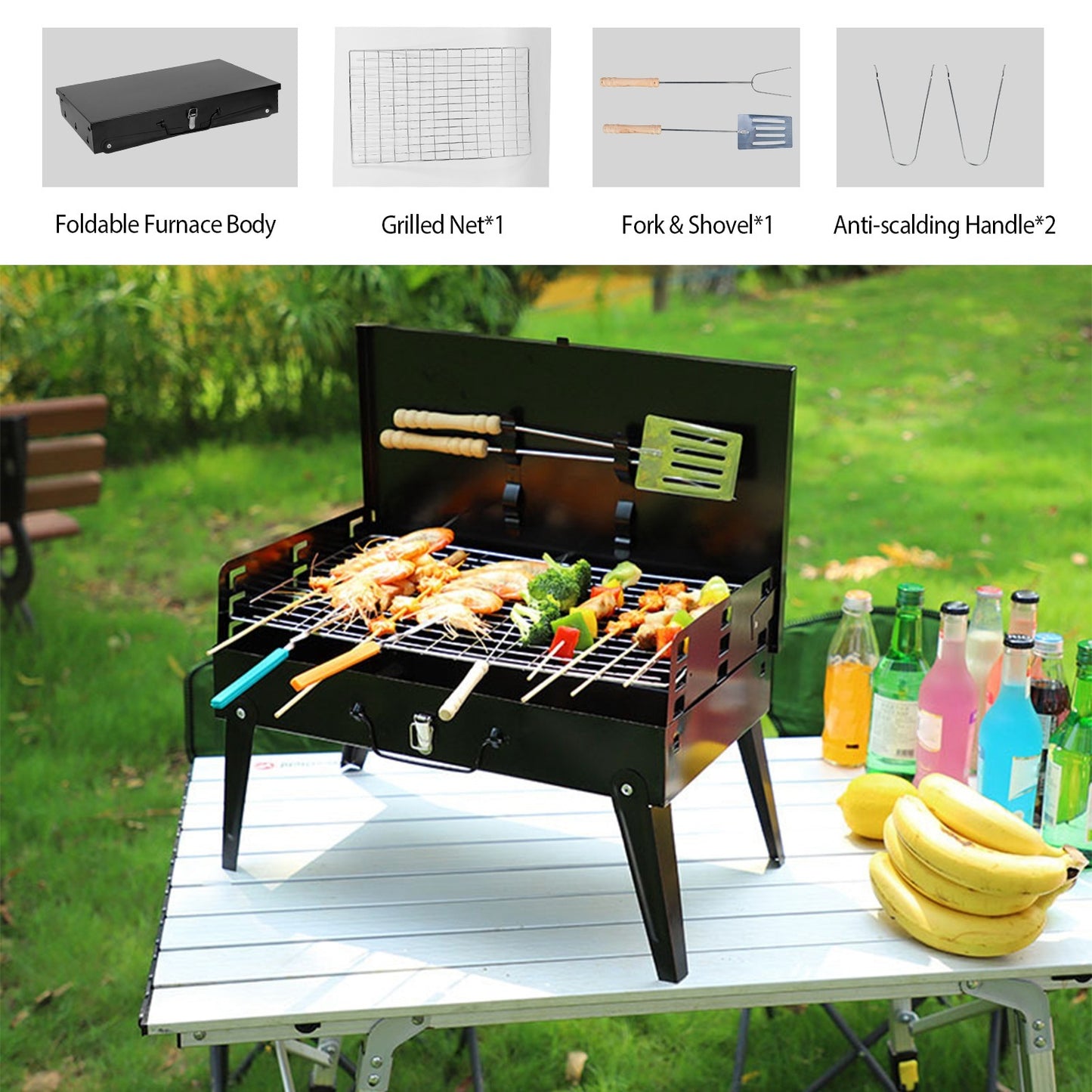 Portable Foldable Charcoal BBQ Suitcase Grill — 16.7″x10″x17.7″ Compact Outdoor Barbecue for Camping, Picnics & Backyard Grilling