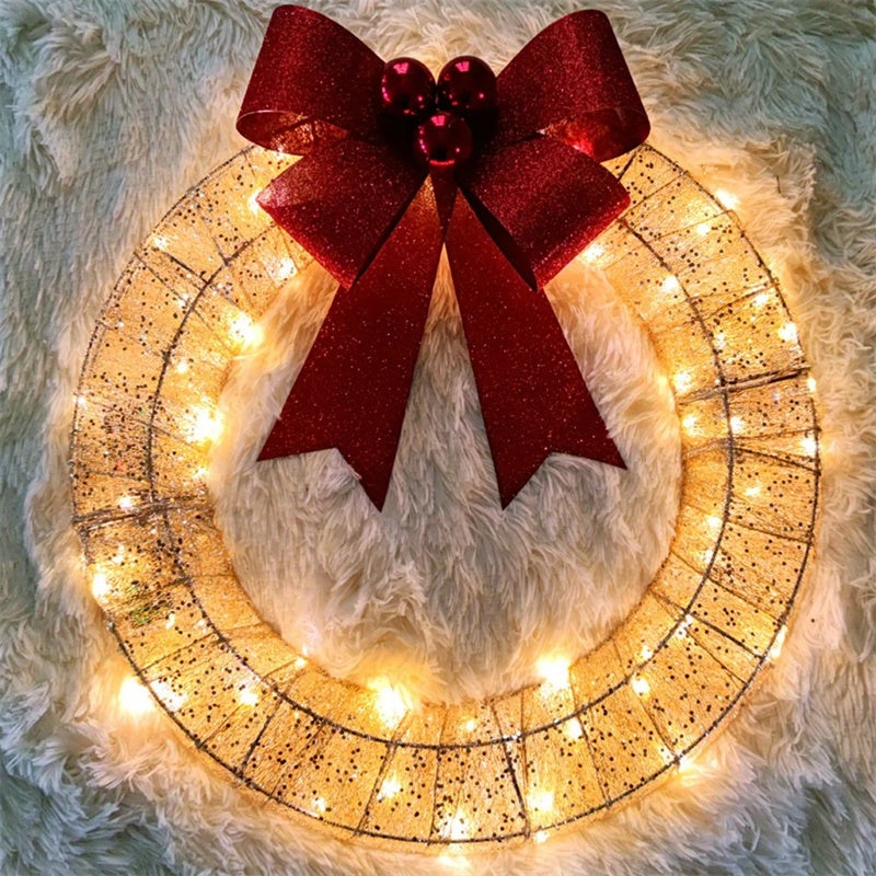 Christmas Garland 50CM – LED Luminous Metal Wreath with Big Bowknot