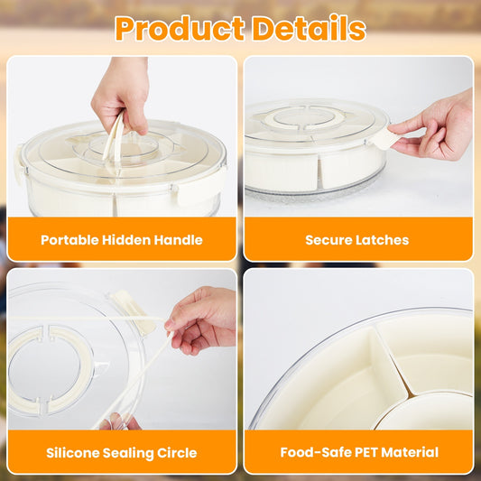 2Pcs Rotatable Snack Tray with Lid & Handle – 6-Compartment Divided Serving Platter for Fruits, Nuts, Candy – Clear Portable Containers for Parties & Picnics