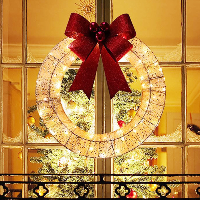 Christmas Garland 50CM – LED Luminous Metal Wreath with Big Bowknot