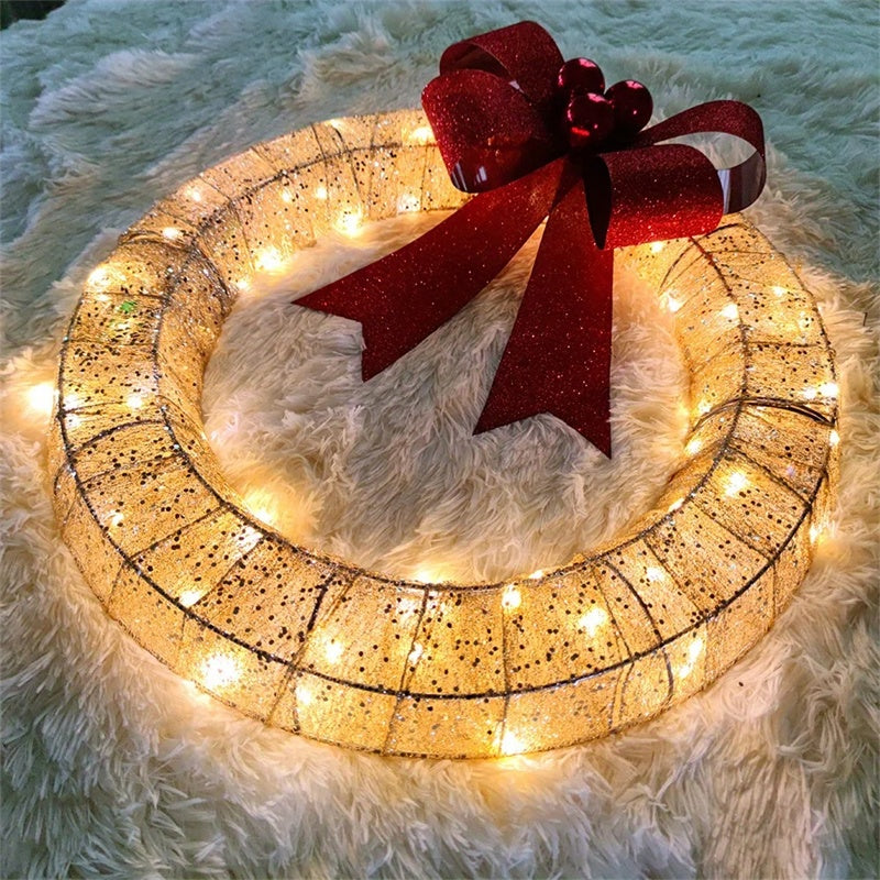 Christmas Garland 50CM – LED Luminous Metal Wreath with Big Bowknot