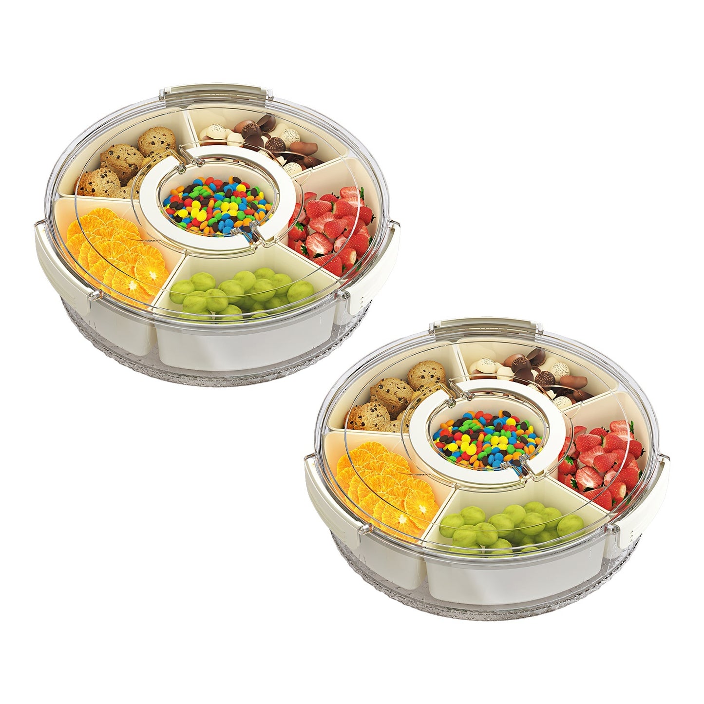 2Pcs Rotatable Snack Tray with Lid & Handle – 6-Compartment Divided Serving Platter for Fruits, Nuts, Candy – Clear Portable Containers for Parties & Picnics